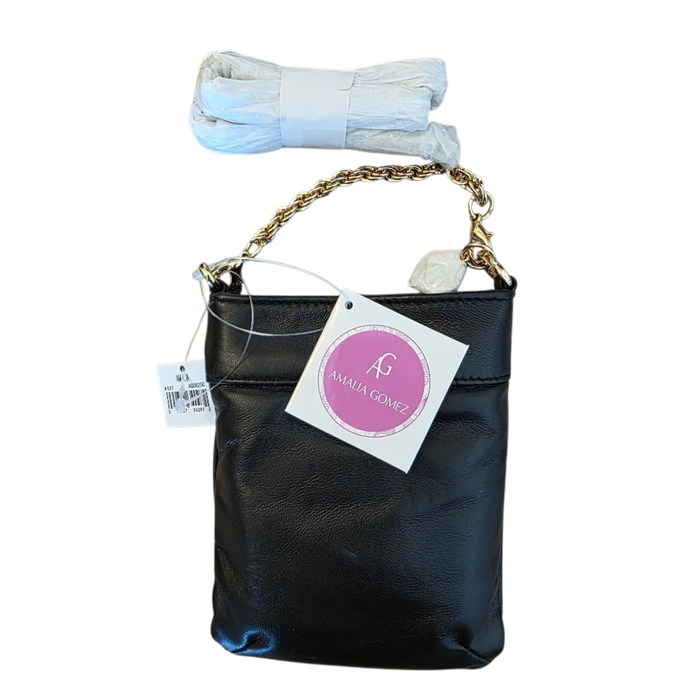 AMALIA GOMEZ Mini Flip bag Black Italian Leather Gold Chain Crossbody New